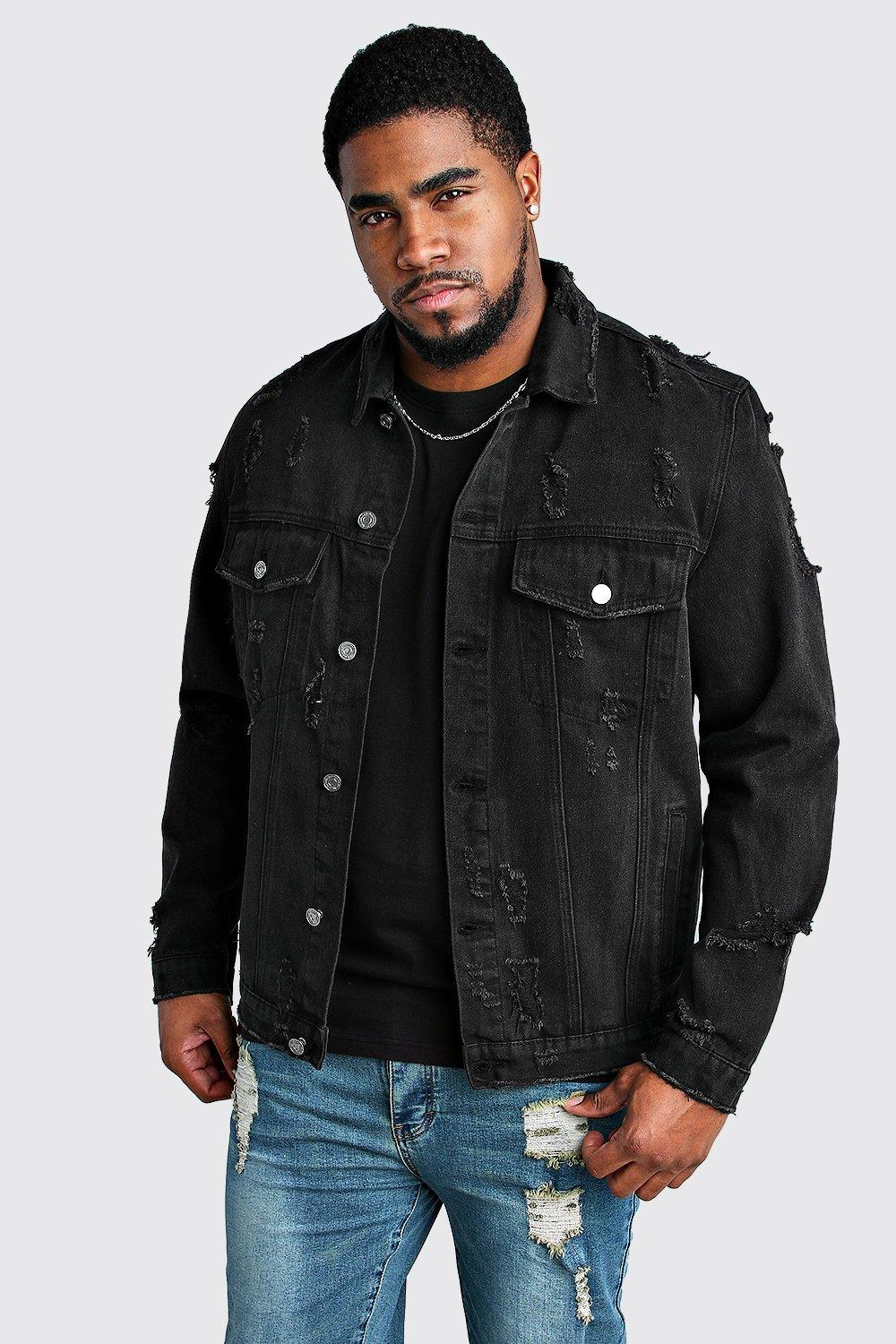 Black denim hot sale jacket distressed men's